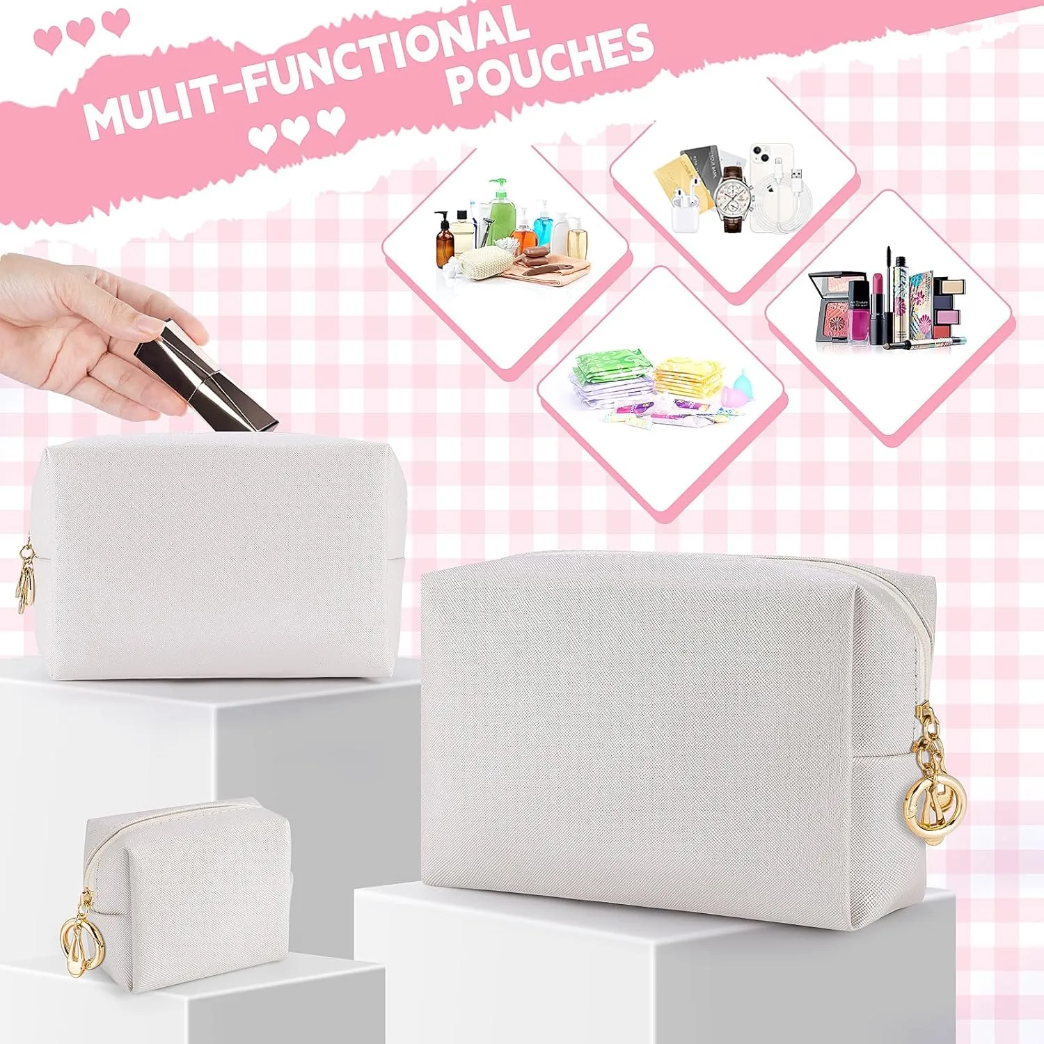Makeup Bag for Purse, 3 Piece Small Makeup Bag Set, Leather Cosmetic Bag for Girls Women Travel Small Toiletry Bags Makeup Pouch with Ring Clip(Beige, 4''-8'')