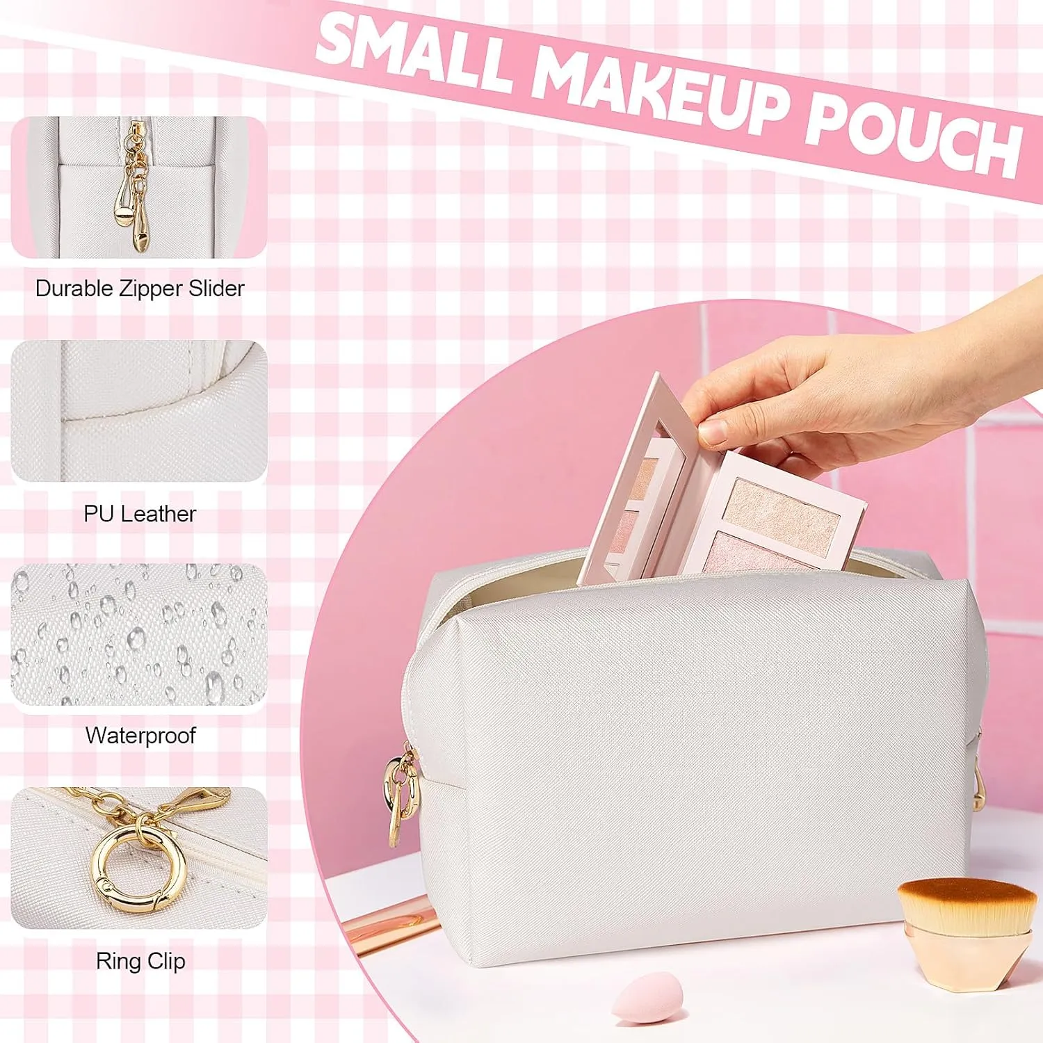 Makeup Bag for Purse, 3 Piece Small Makeup Bag Set, Leather Cosmetic Bag for Girls Women Travel Small Toiletry Bags Makeup Pouch with Ring Clip(Beige, 4''-8'')
