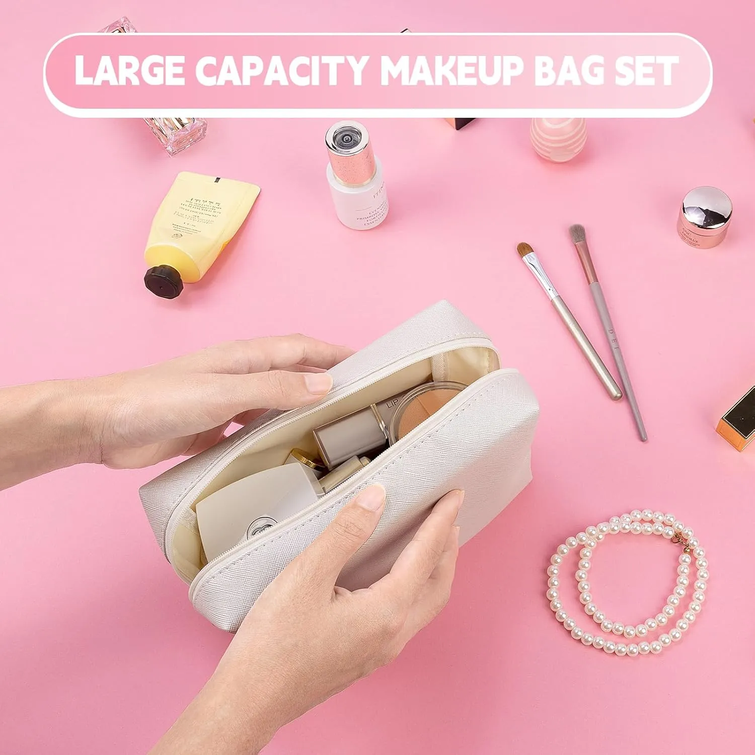 Makeup Bag for Purse, 3 Piece Small Makeup Bag Set, Leather Cosmetic Bag for Girls Women Travel Small Toiletry Bags Makeup Pouch with Ring Clip(Beige, 4''-8'')