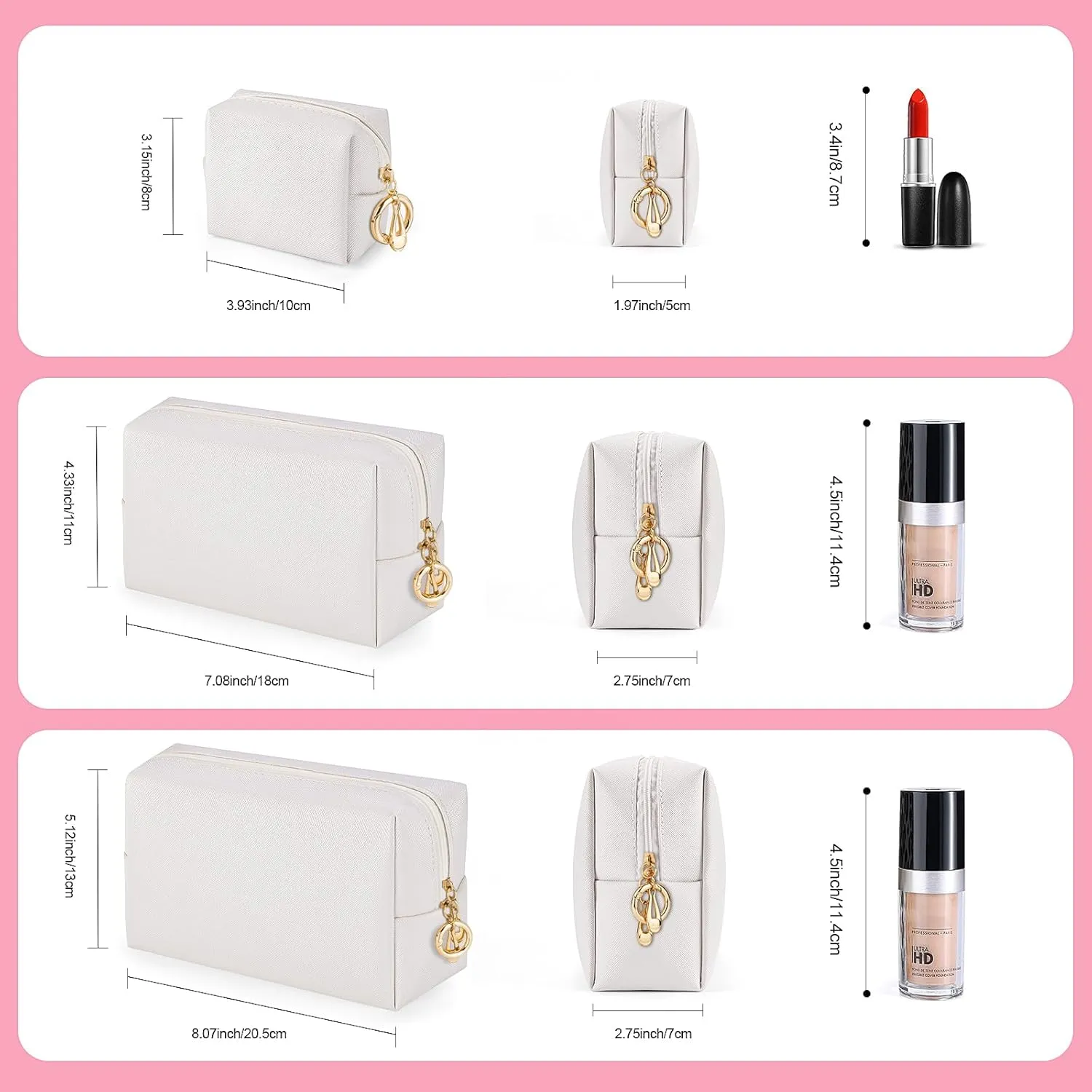 Makeup Bag for Purse, 3 Piece Small Makeup Bag Set, Leather Cosmetic Bag for Girls Women Travel Small Toiletry Bags Makeup Pouch with Ring Clip(Beige, 4''-8'')