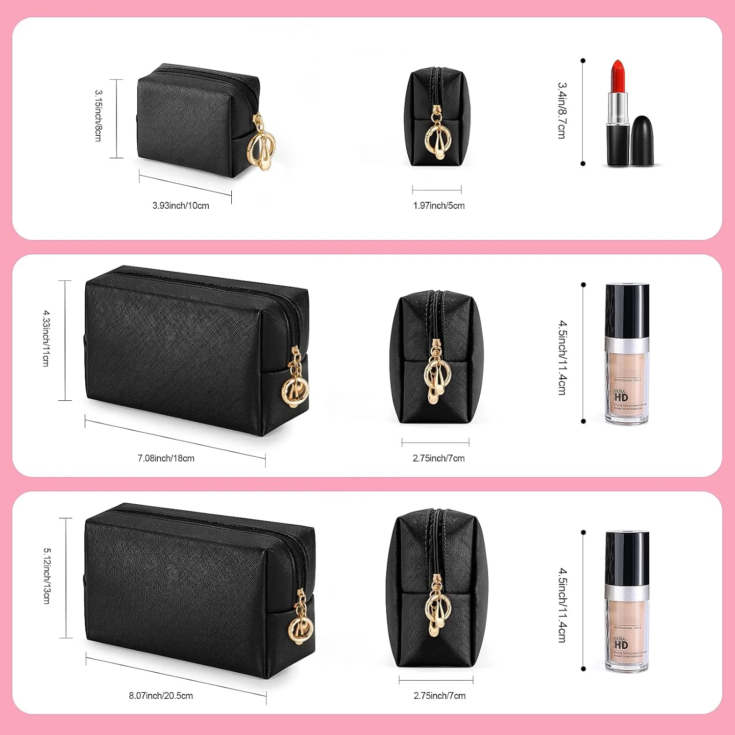 Makeup Bag for Purse, 3 Piece Small Makeup Bag Set, Leather Cosmetic Bag for Girls Women Travel Small Toiletry Bags Makeup Pouch with Ring Clip(Black, 4''-8'')