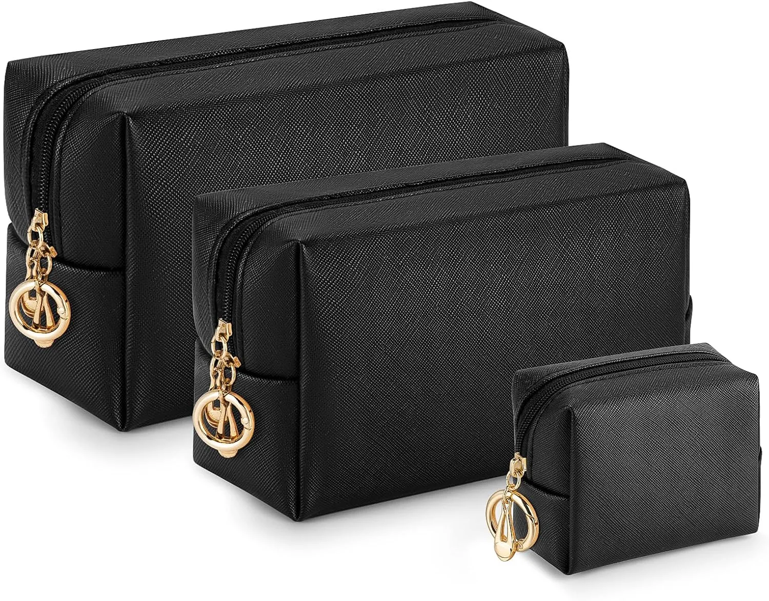 Makeup Bag for Purse, 3 Piece Small Makeup Bag Set, Leather Cosmetic Bag for Girls Women Travel Small Toiletry Bags Makeup Pouch with Ring Clip(Black, 4''-8'')