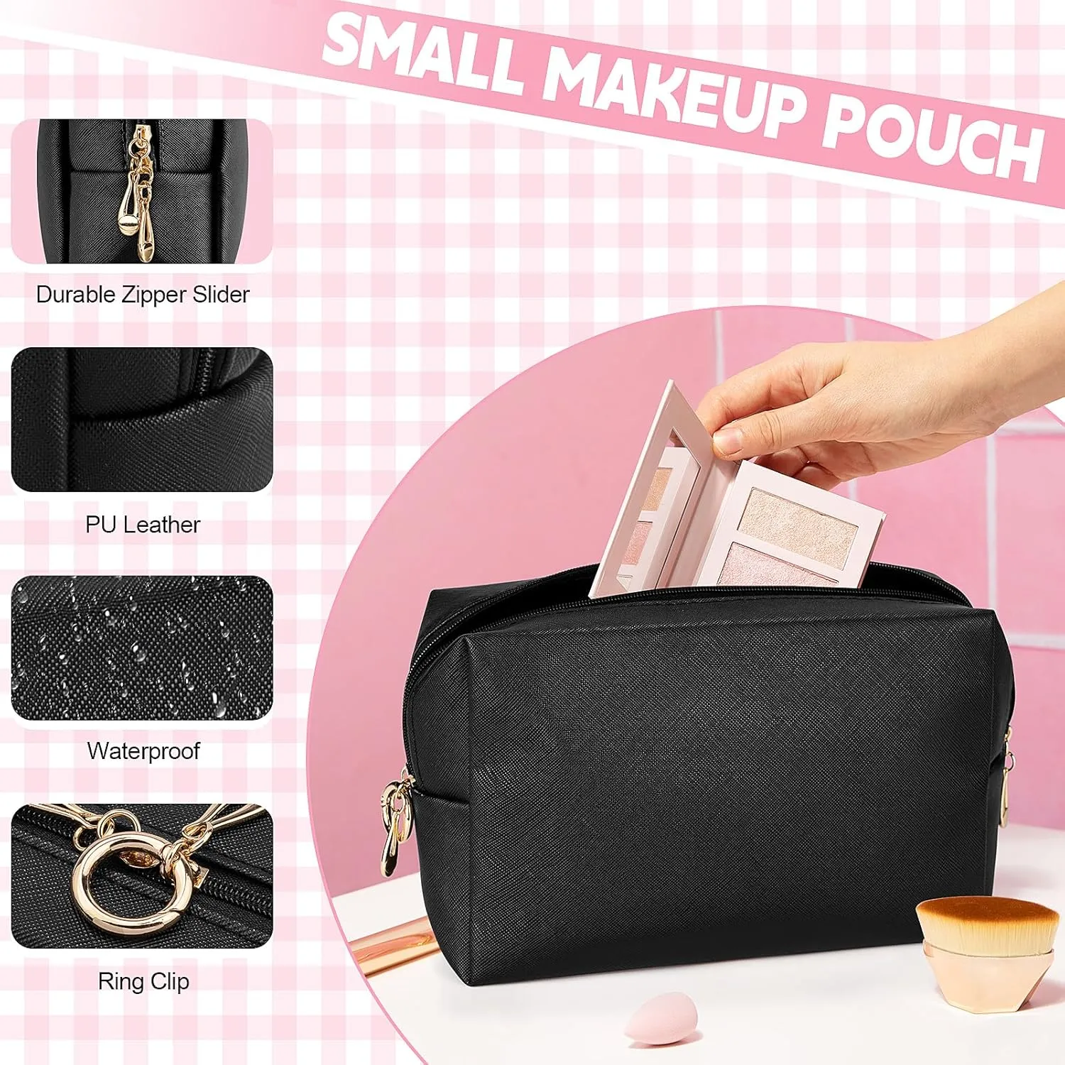 Makeup Bag for Purse, 3 Piece Small Makeup Bag Set, Leather Cosmetic Bag for Girls Women Travel Small Toiletry Bags Makeup Pouch with Ring Clip(Black, 4''-8'')