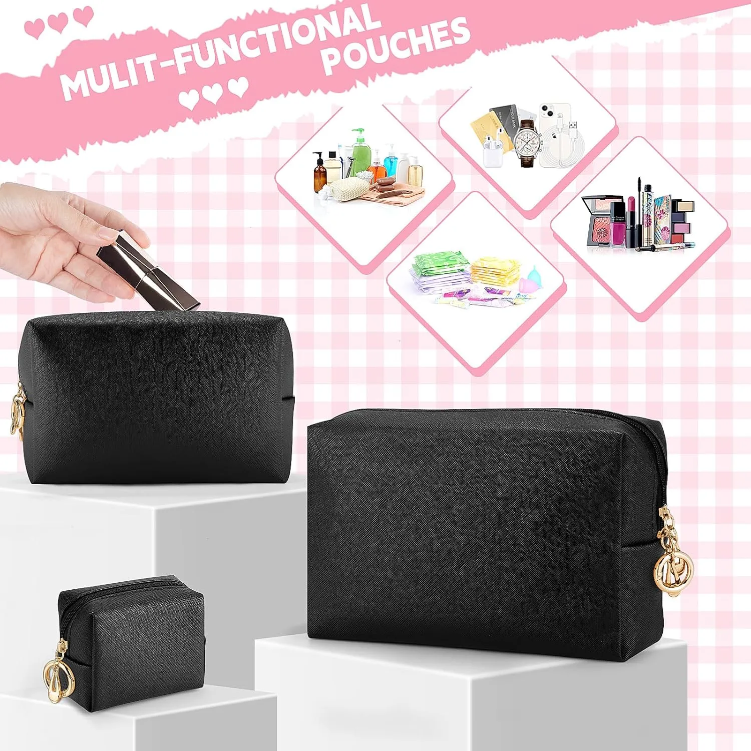 Makeup Bag for Purse, 3 Piece Small Makeup Bag Set, Leather Cosmetic Bag for Girls Women Travel Small Toiletry Bags Makeup Pouch with Ring Clip(Black, 4''-8'')