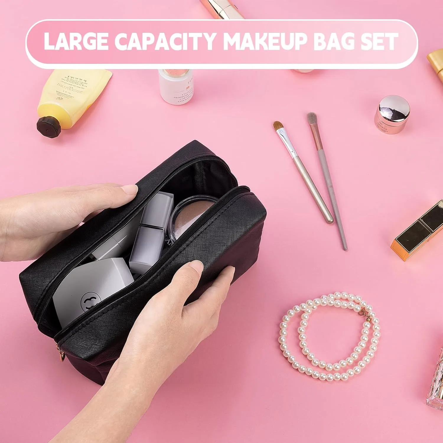 Makeup Bag for Purse, 3 Piece Small Makeup Bag Set, Leather Cosmetic Bag for Girls Women Travel Small Toiletry Bags Makeup Pouch with Ring Clip(Black, 4''-8'')