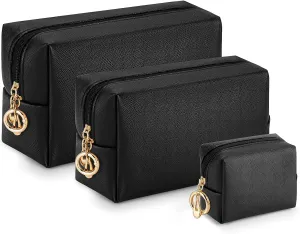 Makeup Bag for Purse, 3 Piece Small Makeup Bag Set, Leather Cosmetic Bag for Girls Women Travel Small Toiletry Bags Makeup Pouch with Ring Clip(Black, 4''-8'')