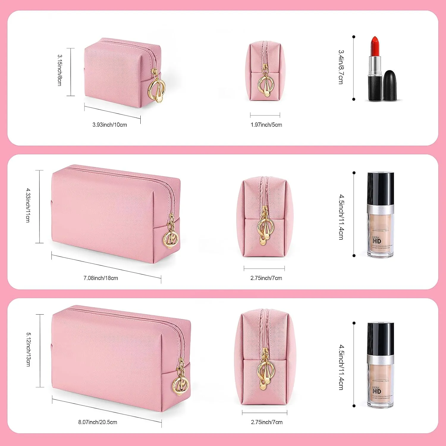Makeup Bag for Purse, 3 Piece Small Makeup Bag Set, Leather Cosmetic Bag for Girls Women Travel Small Toiletry Bags Makeup Pouch with Ring Clip(Pink, 4''-8'')