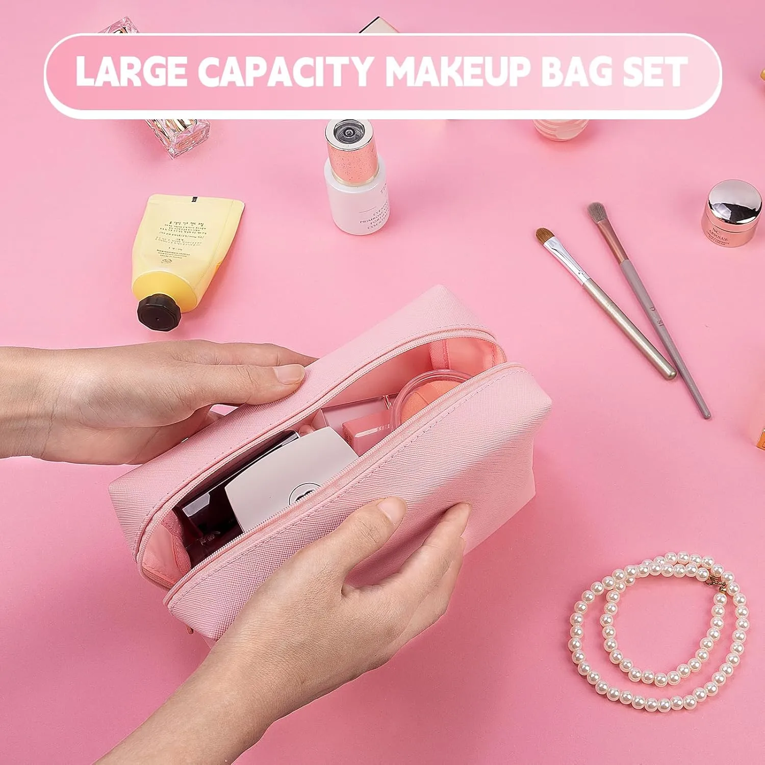 Makeup Bag for Purse, 3 Piece Small Makeup Bag Set, Leather Cosmetic Bag for Girls Women Travel Small Toiletry Bags Makeup Pouch with Ring Clip(Pink, 4''-8'')