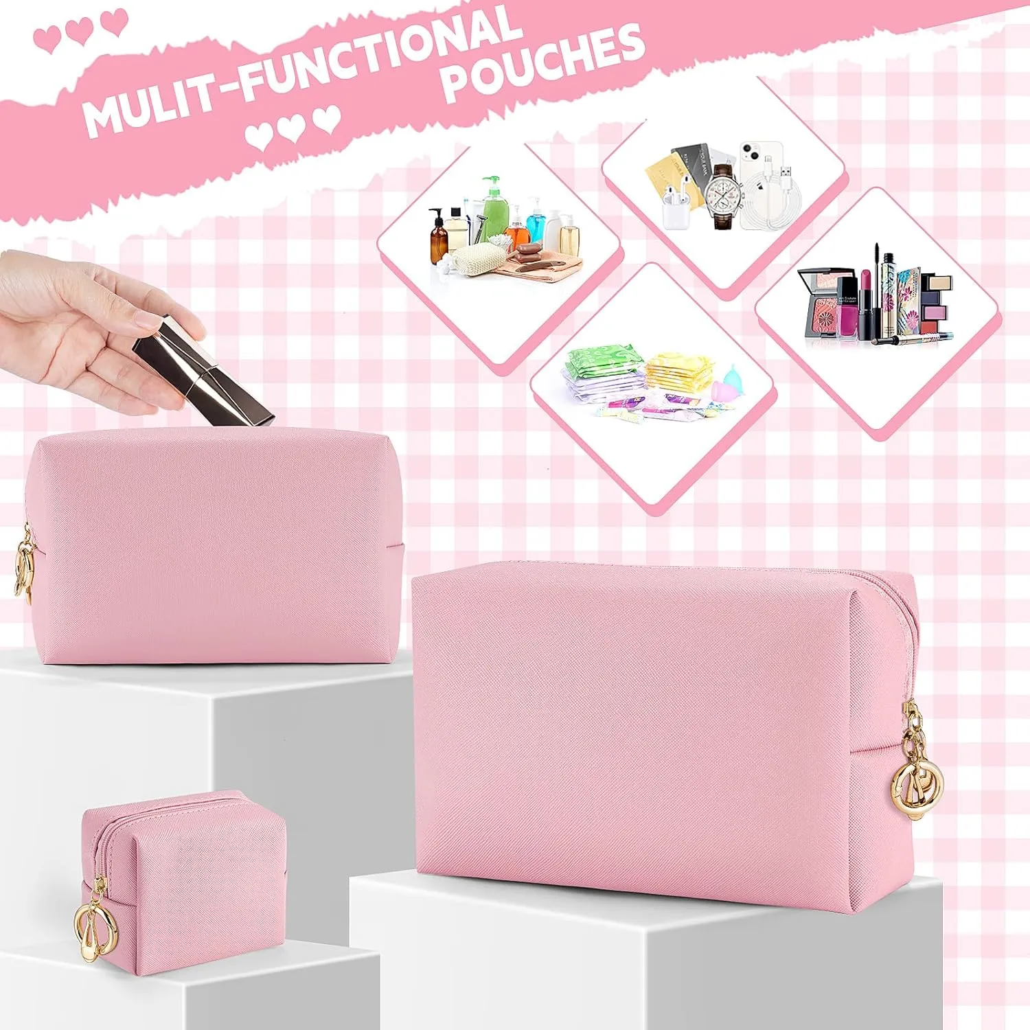 Makeup Bag for Purse, 3 Piece Small Makeup Bag Set, Leather Cosmetic Bag for Girls Women Travel Small Toiletry Bags Makeup Pouch with Ring Clip(Pink, 4''-8'')