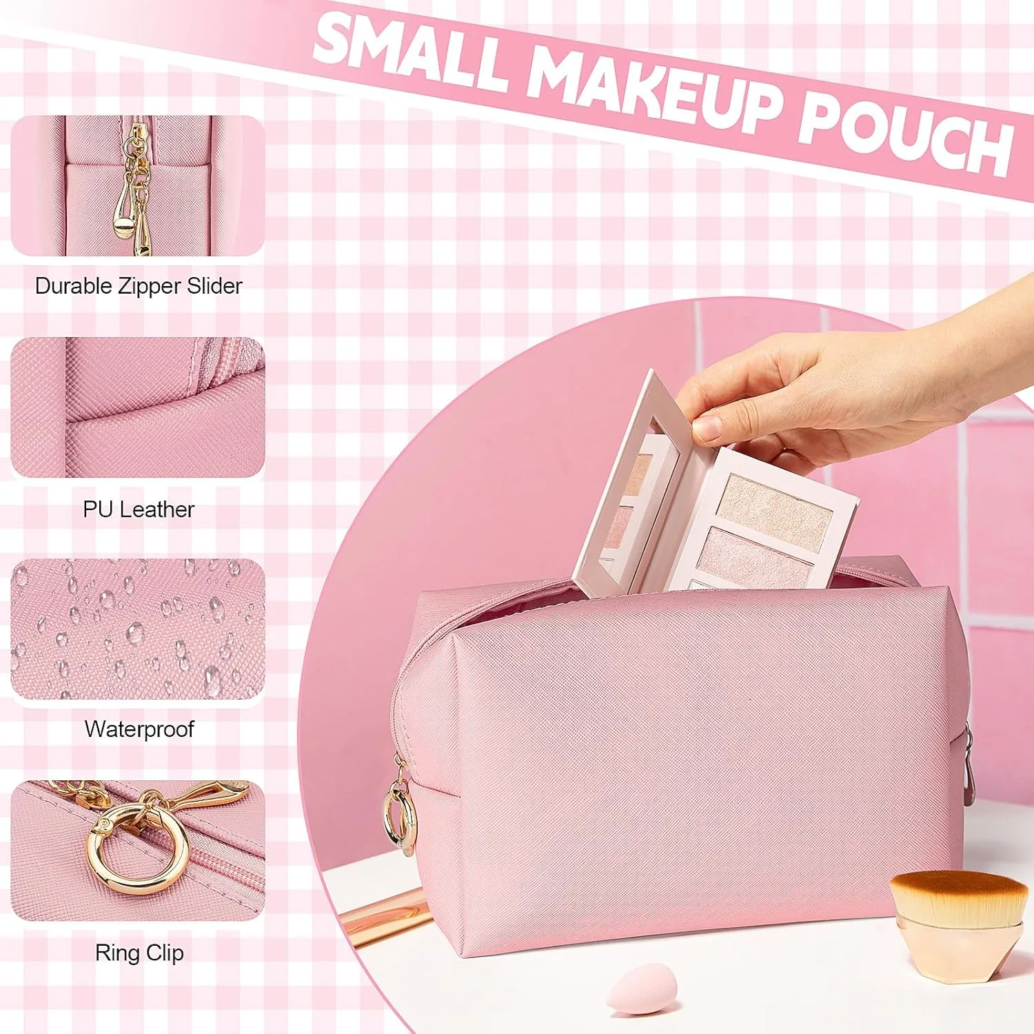 Makeup Bag for Purse, 3 Piece Small Makeup Bag Set, Leather Cosmetic Bag for Girls Women Travel Small Toiletry Bags Makeup Pouch with Ring Clip(Pink, 4''-8'')