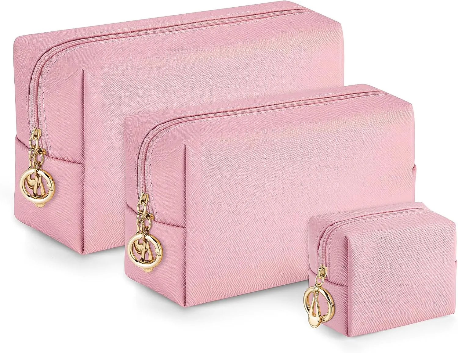 Makeup Bag for Purse, 3 Piece Small Makeup Bag Set, Leather Cosmetic Bag for Girls Women Travel Small Toiletry Bags Makeup Pouch with Ring Clip(Pink, 4''-8'')