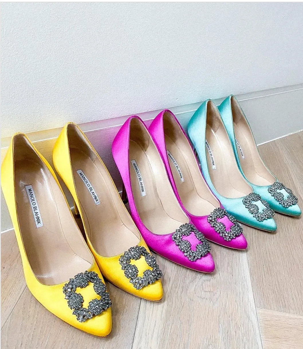 Manolo Blahnik Fuchsia Pink Satin Hangisi Jewel Buckle Pumps 90mm UK 6.5 EU 39.5 