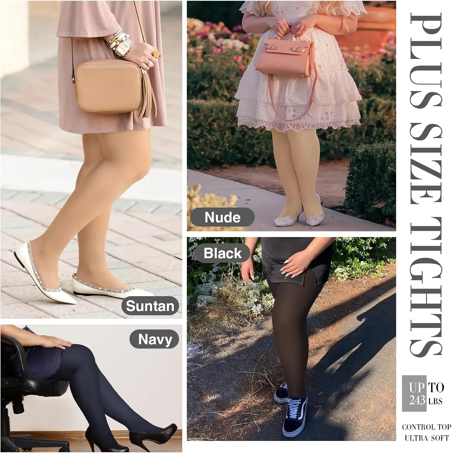 MANZI Women's 2 Pairs Plus Size Control Top Tights Ultra-Soft Panty Hose