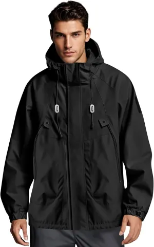 Mens Rain Jacket Drawstring Lightweight Waterproof Rain Coats Ponchos Sun Protective Outdoor Jacket with Hooded