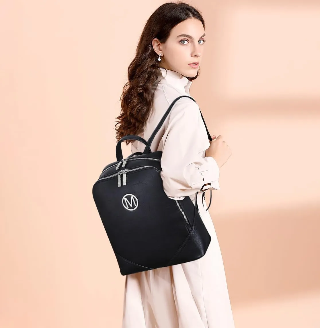 MKP Women Fashion Double Zipper Medium Backpack Purse PU Leather Ladies Travel Shoulder Bag Set 2Pcs