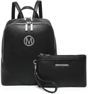MKP Women Fashion Double Zipper Medium Backpack Purse PU Leather Ladies Travel Shoulder Bag Set 2Pcs