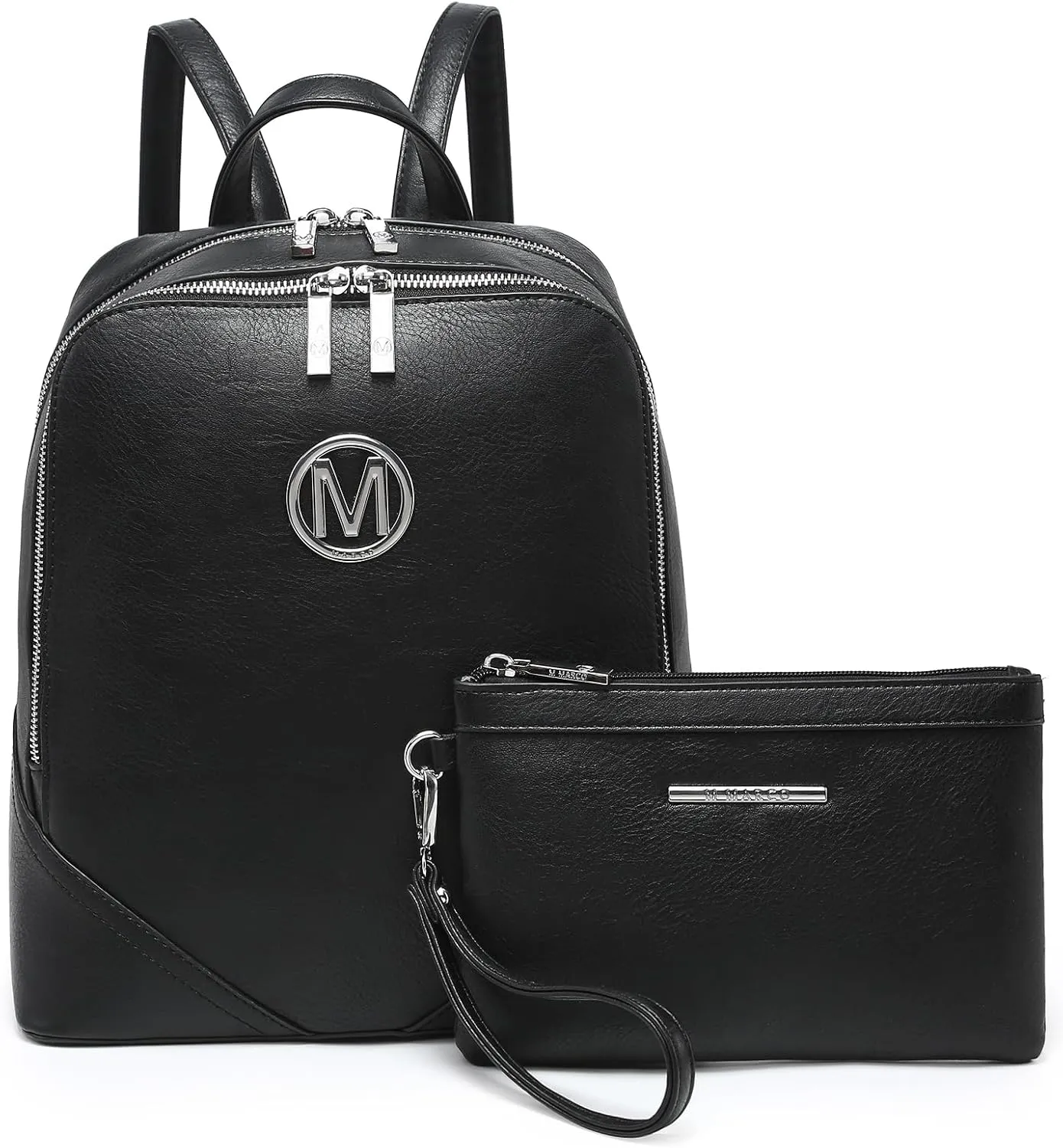 MKP Women Fashion Double Zipper Medium Backpack Purse PU Leather Ladies Travel Shoulder Bag Set 2Pcs