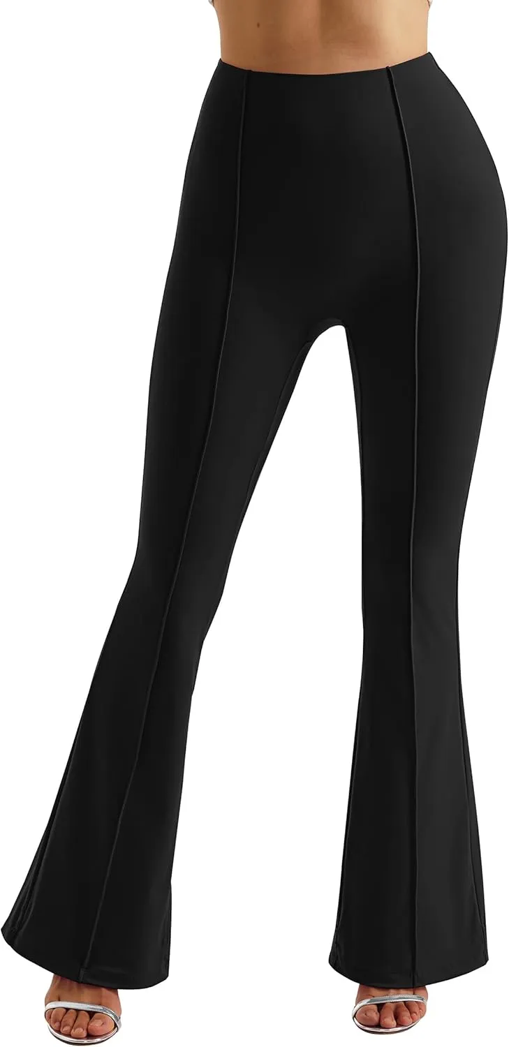 MOOSLOVER Women Seamed Detail Flare Leggings Elastic High Waisted Bell Bottom Bootcut Yoga Casual Pants