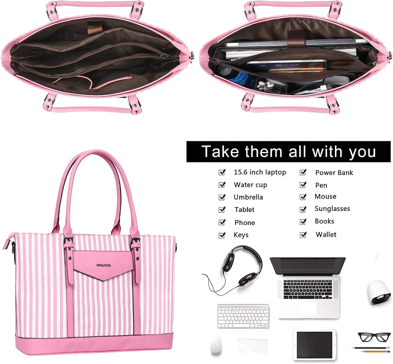 MOSISO Laptop Tote Bag for Women Compatible with MacBook, 17-17.3 inch Notebook and Chromebook, Waterproof Vertical Stripe PU Leather Travel Computer Bag with Envelope Pocket & Small Purse, Pink