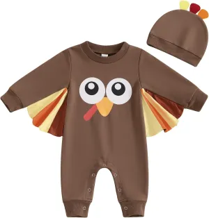 Muasaaluxi Newborn Baby Girl Boy Thanksgiving Outfit Long Sleeve Tukey Cloak Romper One Piece Jumpsuit Thanksgiving Hat 0-18M