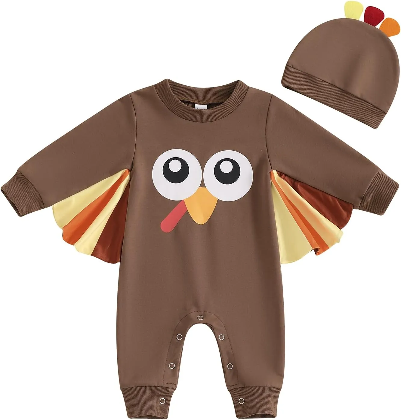 Muasaaluxi Newborn Baby Girl Boy Thanksgiving Outfit Long Sleeve Tukey Cloak Romper One Piece Jumpsuit Thanksgiving Hat 0-18M