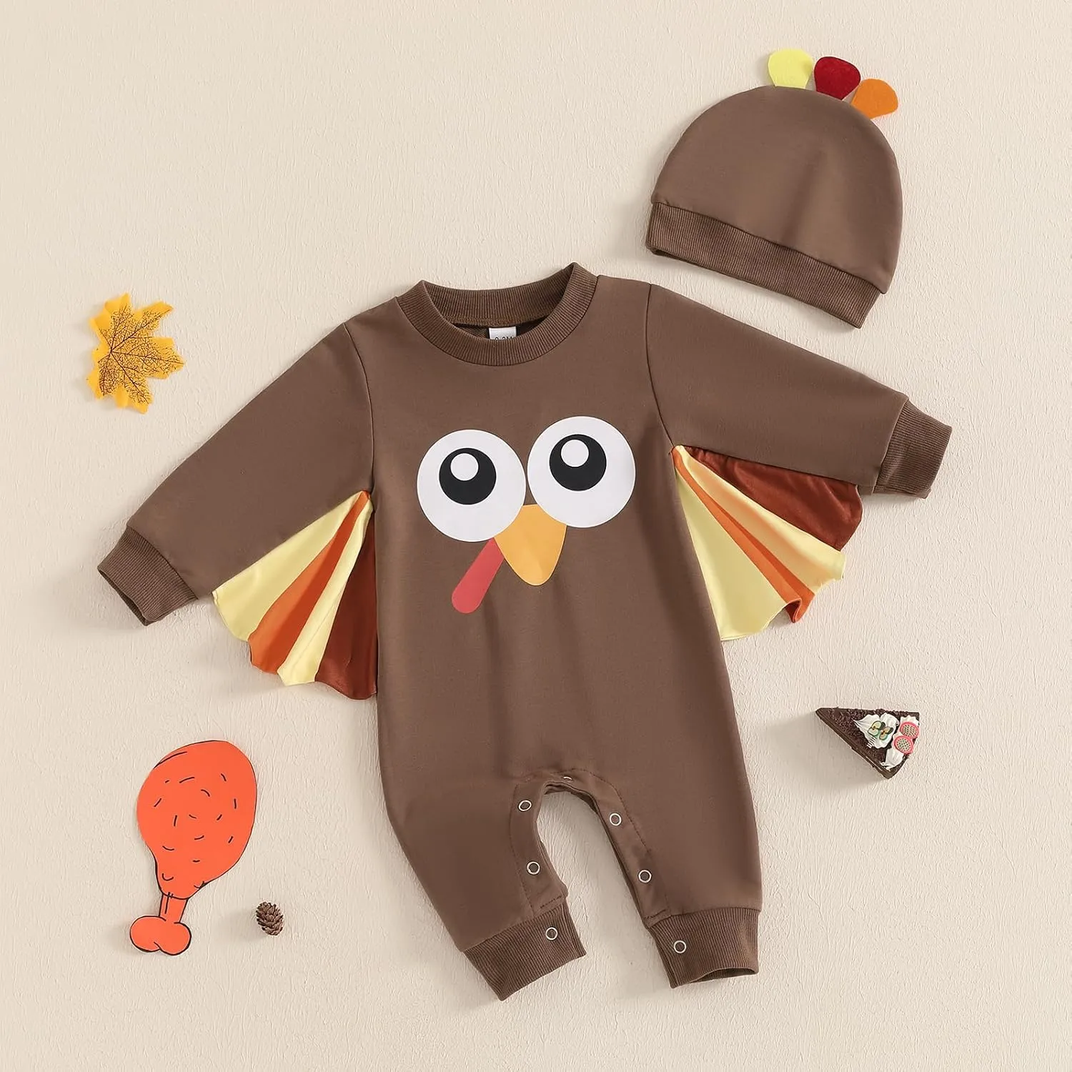 Muasaaluxi Newborn Baby Girl Boy Thanksgiving Outfit Long Sleeve Tukey Cloak Romper One Piece Jumpsuit Thanksgiving Hat 0-18M