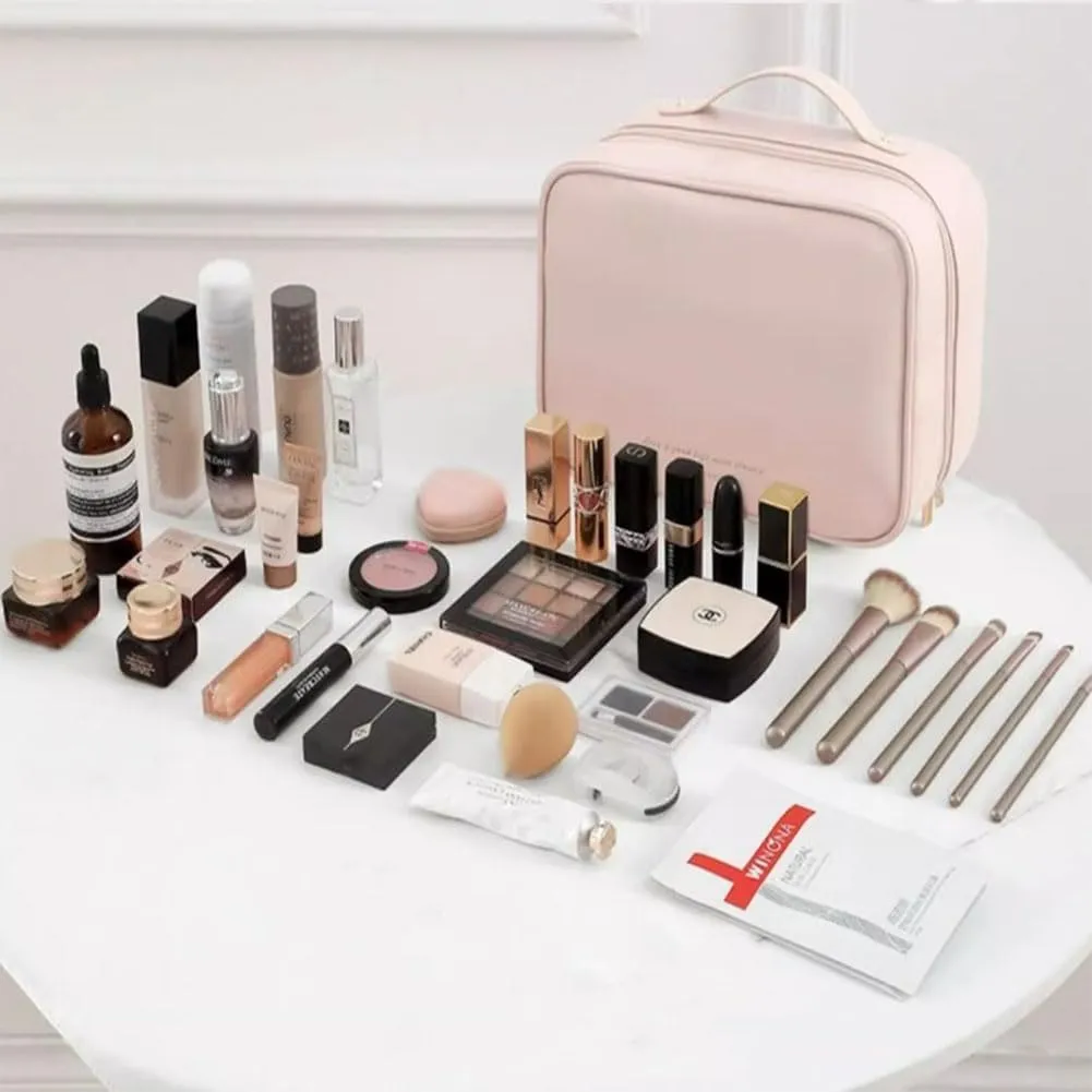 Multi Compartment Toiletry Cosmetic Bag,Set Patient Travel Makeup Bag,Set Patient Multi-compartment Toiletry Cosmetics Bag,PU Leather Large Capacity & Portable Hanging Toiletry Bag (Beige)