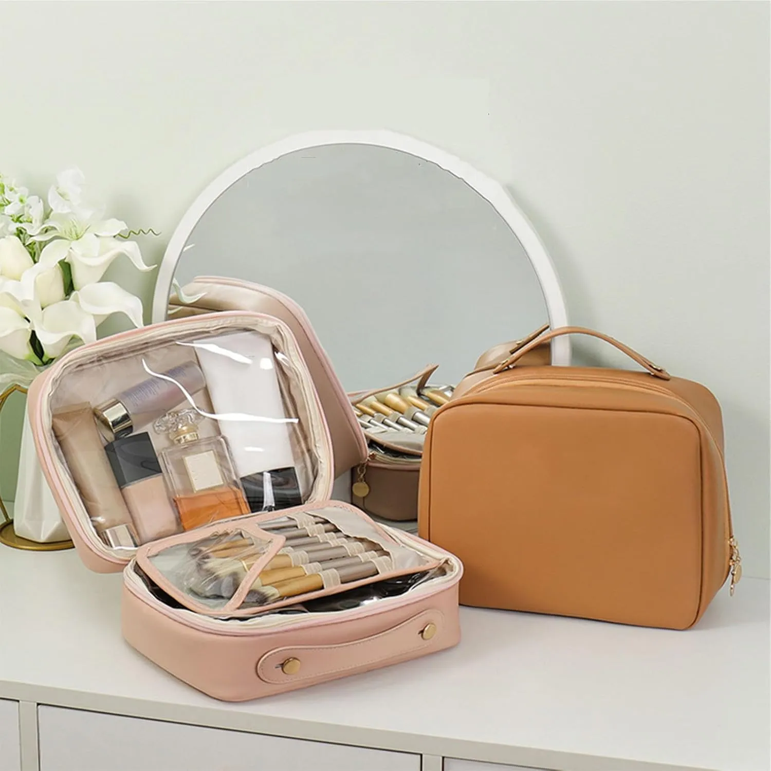 Multi Compartment Toiletry Cosmetic Bag,Set Patient Travel Makeup Bag,Set Patient Multi-compartment Toiletry Cosmetics Bag,PU Leather Large Capacity & Portable Hanging Toiletry Bag (Beige)