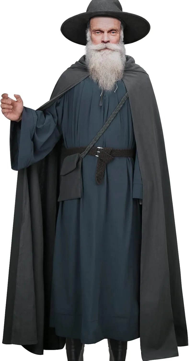 PARTYEVER Adult Men Hooded Cloak Wizard Robe Hat Mini Messengerbag Medieval Monk Cape Halloween
