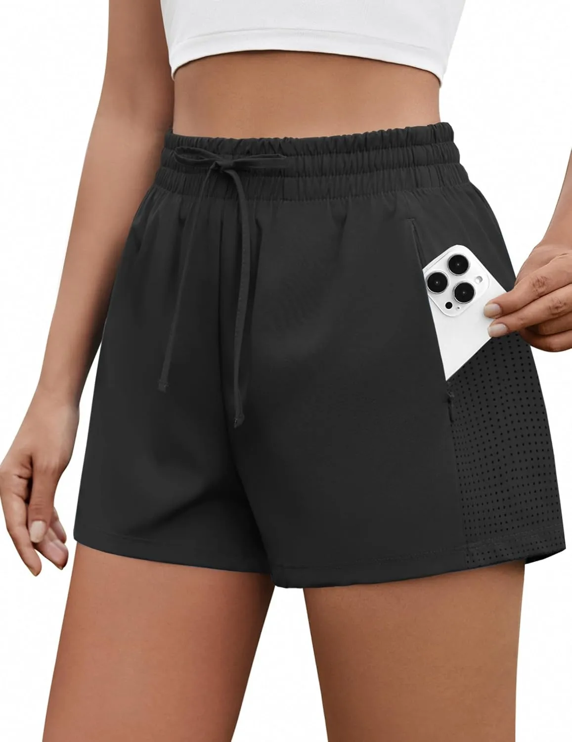 PINSPARK Womens Athletic Shorts High Waisted Running Shorts 2 in 1 Drawstring Quick Dry Gym Shorts with Zipper Pockets