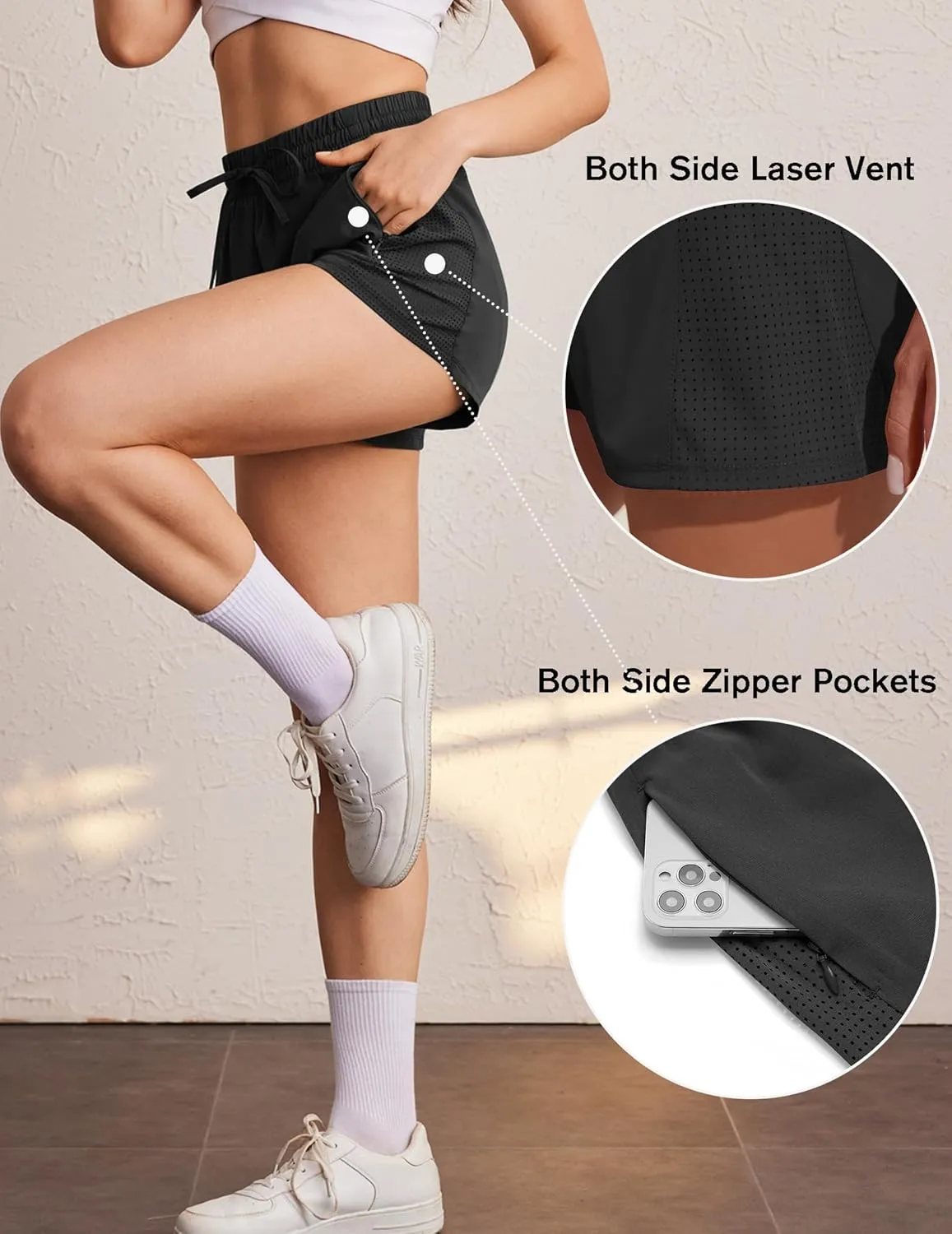 PINSPARK Womens Athletic Shorts High Waisted Running Shorts 2 in 1 Drawstring Quick Dry Gym Shorts with Zipper Pockets