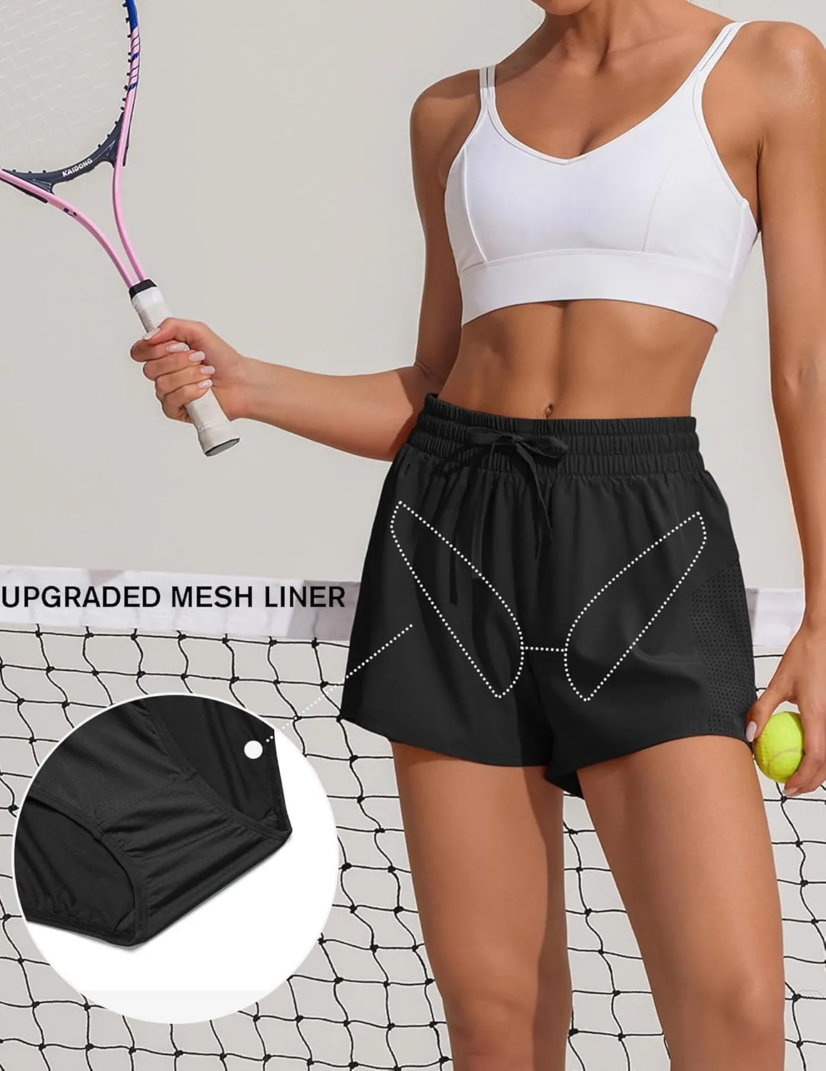 PINSPARK Womens Athletic Shorts High Waisted Running Shorts 2 in 1 Drawstring Quick Dry Gym Shorts with Zipper Pockets