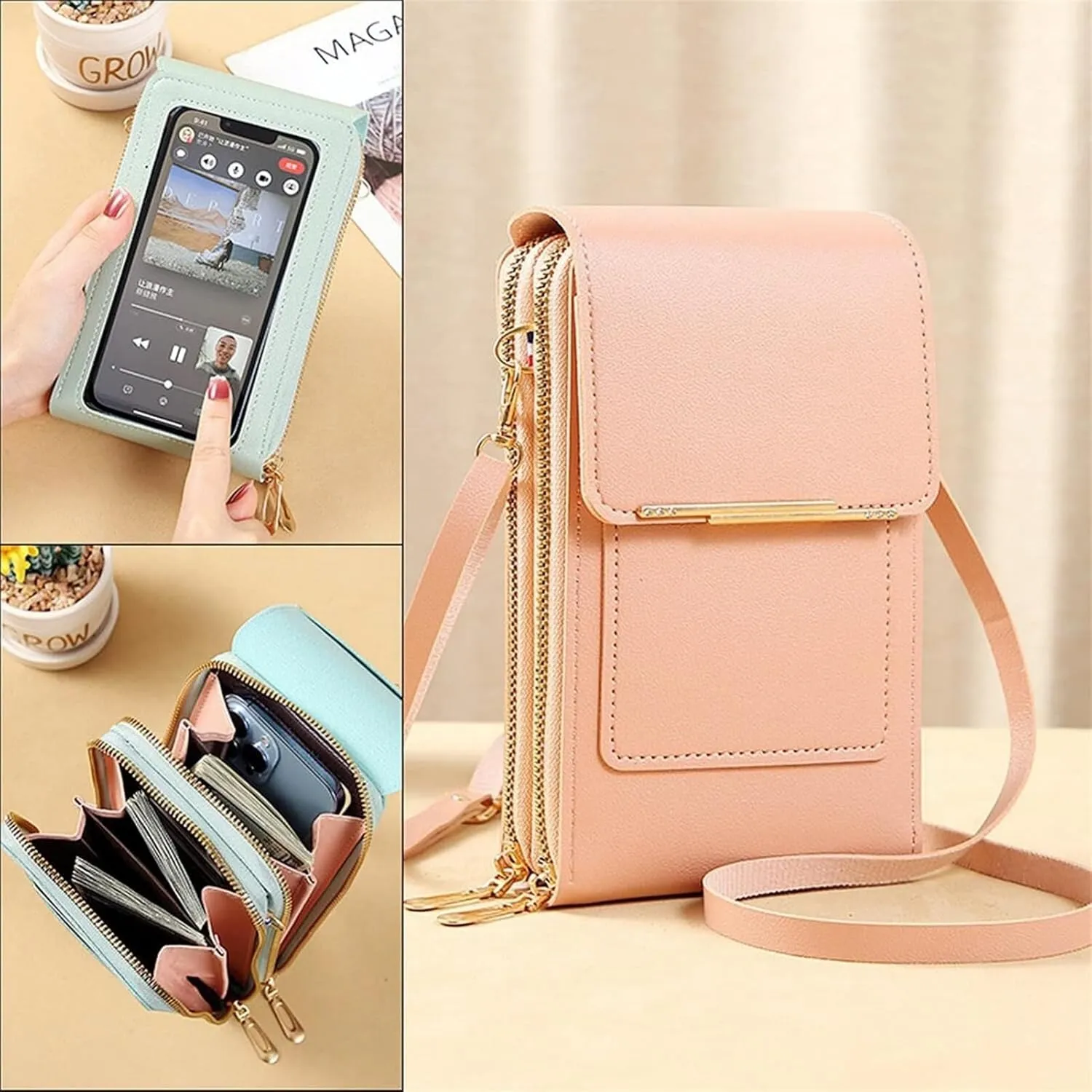 Popularate Anti-Theft Leather Bag, Touchscreen Phone Wallet PU Leather Crossbody Bag for Women Travel Sling Purse Chest
