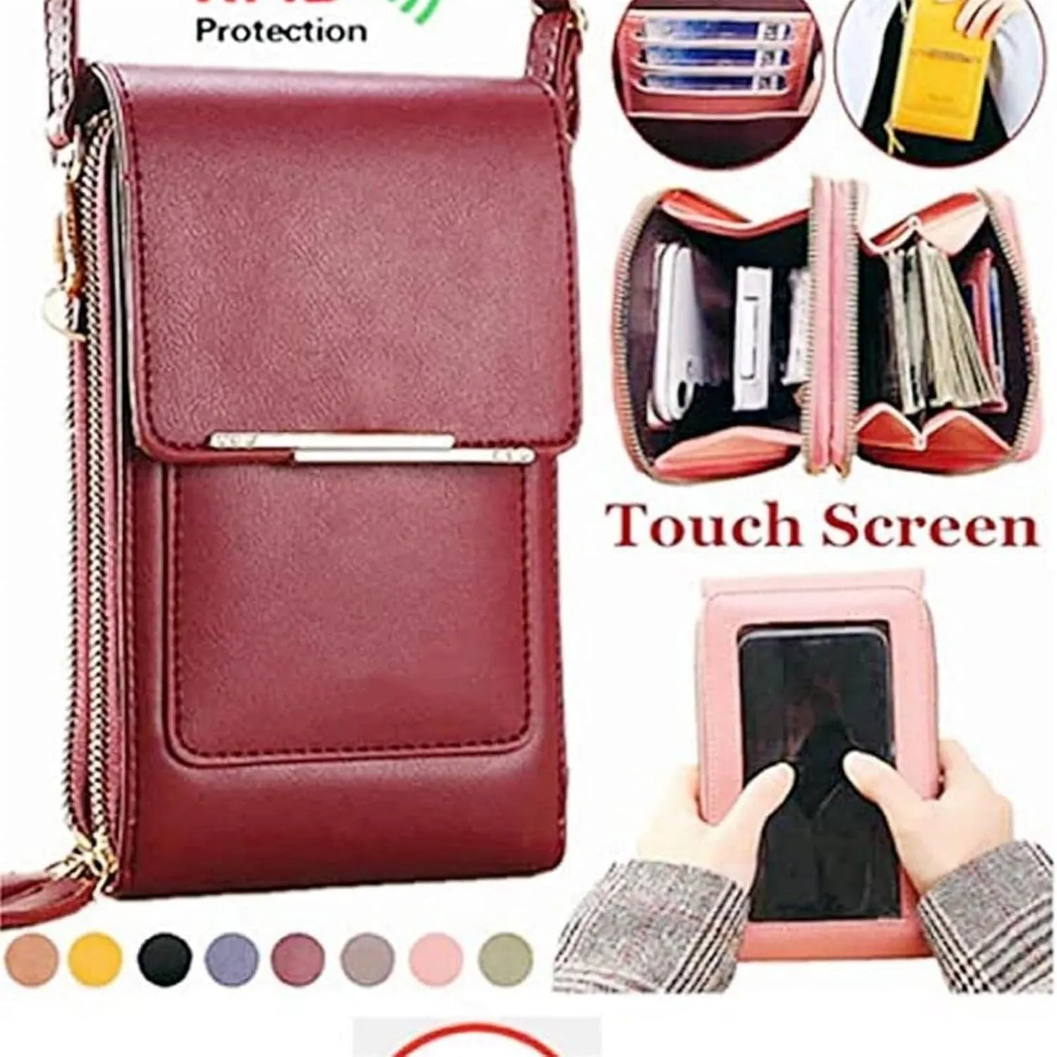 Popularate Anti-Theft Leather Bag, Touchscreen Phone Wallet PU Leather Crossbody Bag for Women Travel Sling Purse Chest