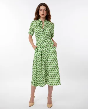 Rareism Women Bunt Green Cotton Fabric Short Sleeves Button Closure Shirt Collar Regular Fit Geometric Print Knee Length Shirt Type Dress