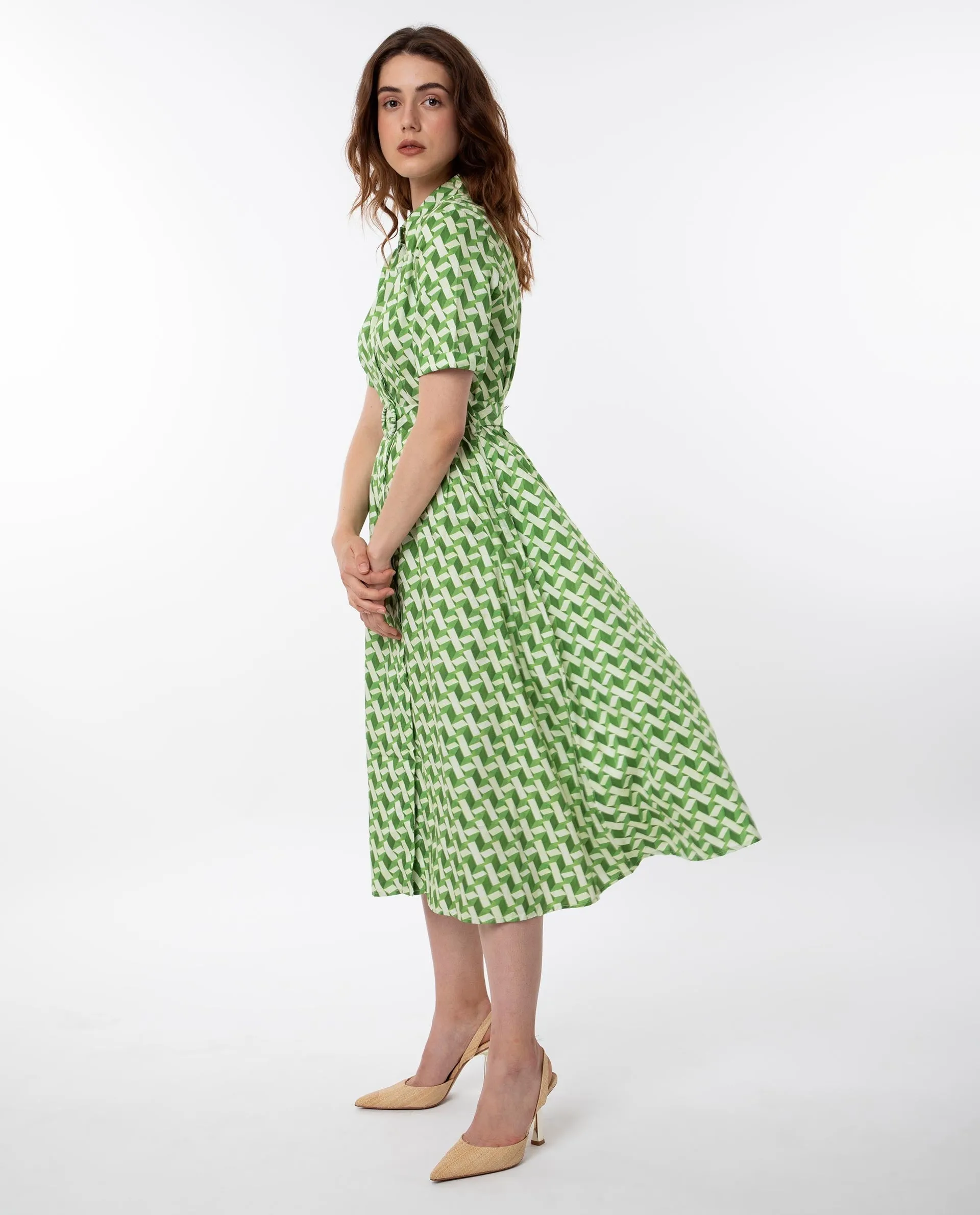Rareism Women Bunt Green Cotton Fabric Short Sleeves Button Closure Shirt Collar Regular Fit Geometric Print Knee Length Shirt Type Dress