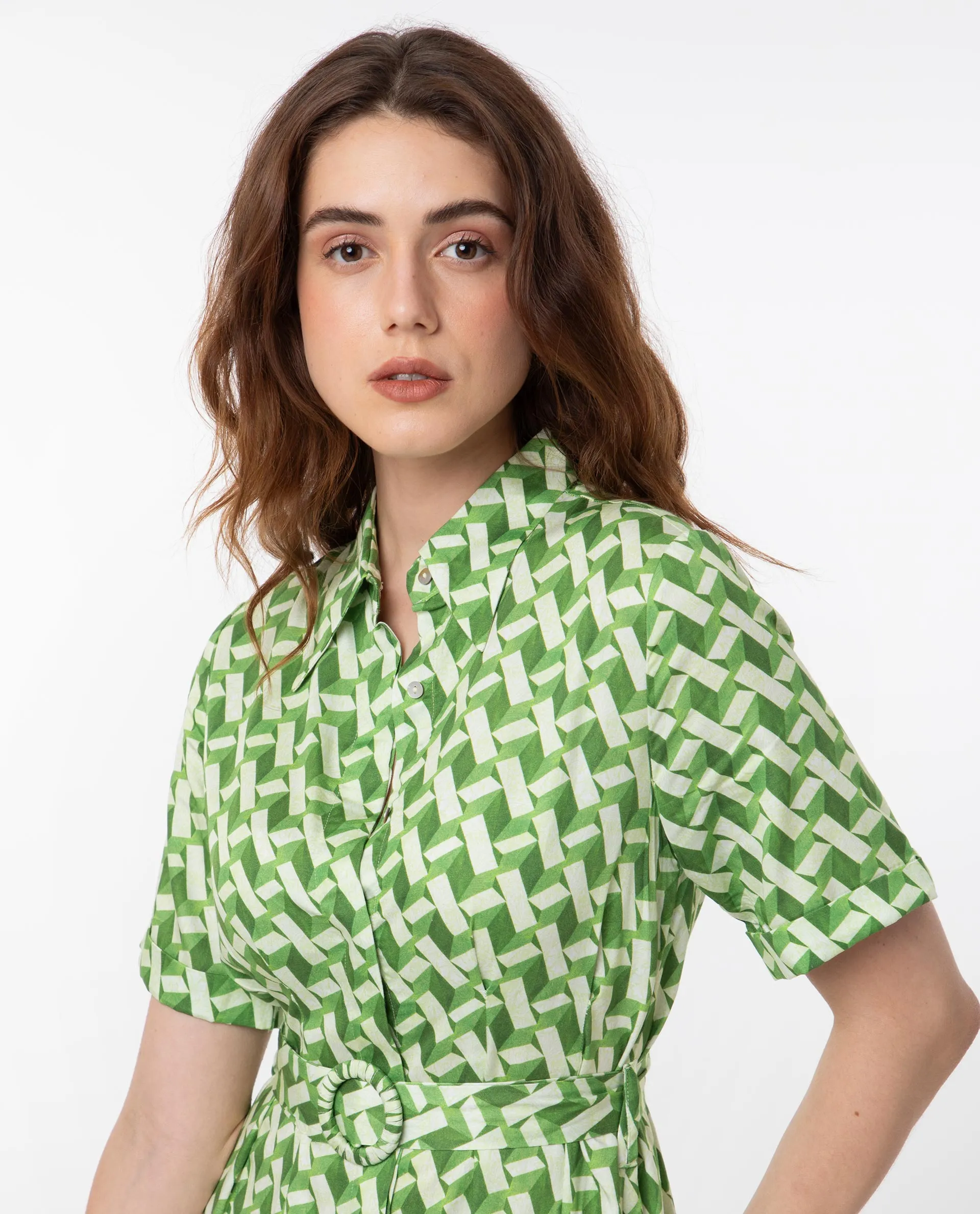 Rareism Women Bunt Green Cotton Fabric Short Sleeves Button Closure Shirt Collar Regular Fit Geometric Print Knee Length Shirt Type Dress