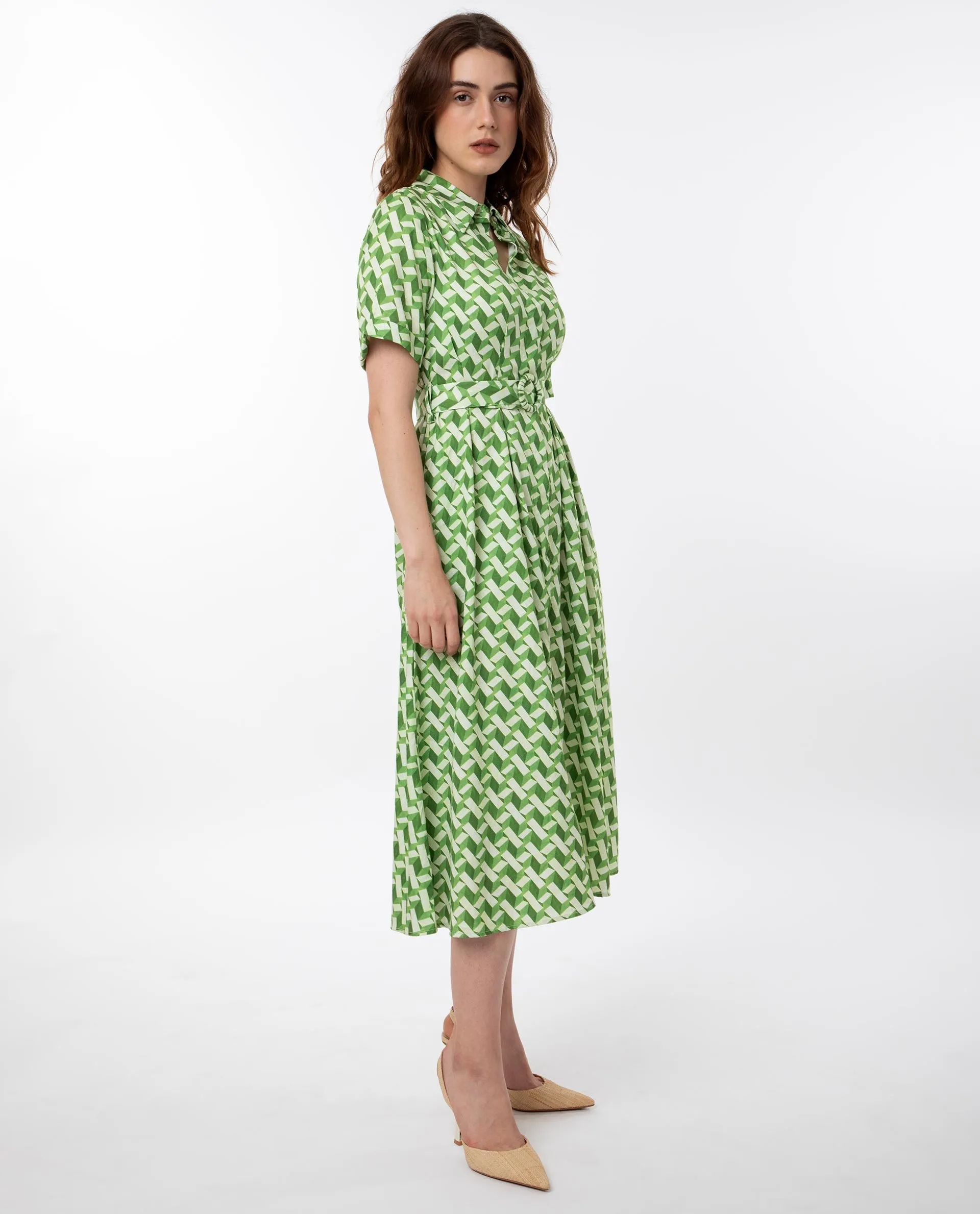 Rareism Women Bunt Green Cotton Fabric Short Sleeves Button Closure Shirt Collar Regular Fit Geometric Print Knee Length Shirt Type Dress