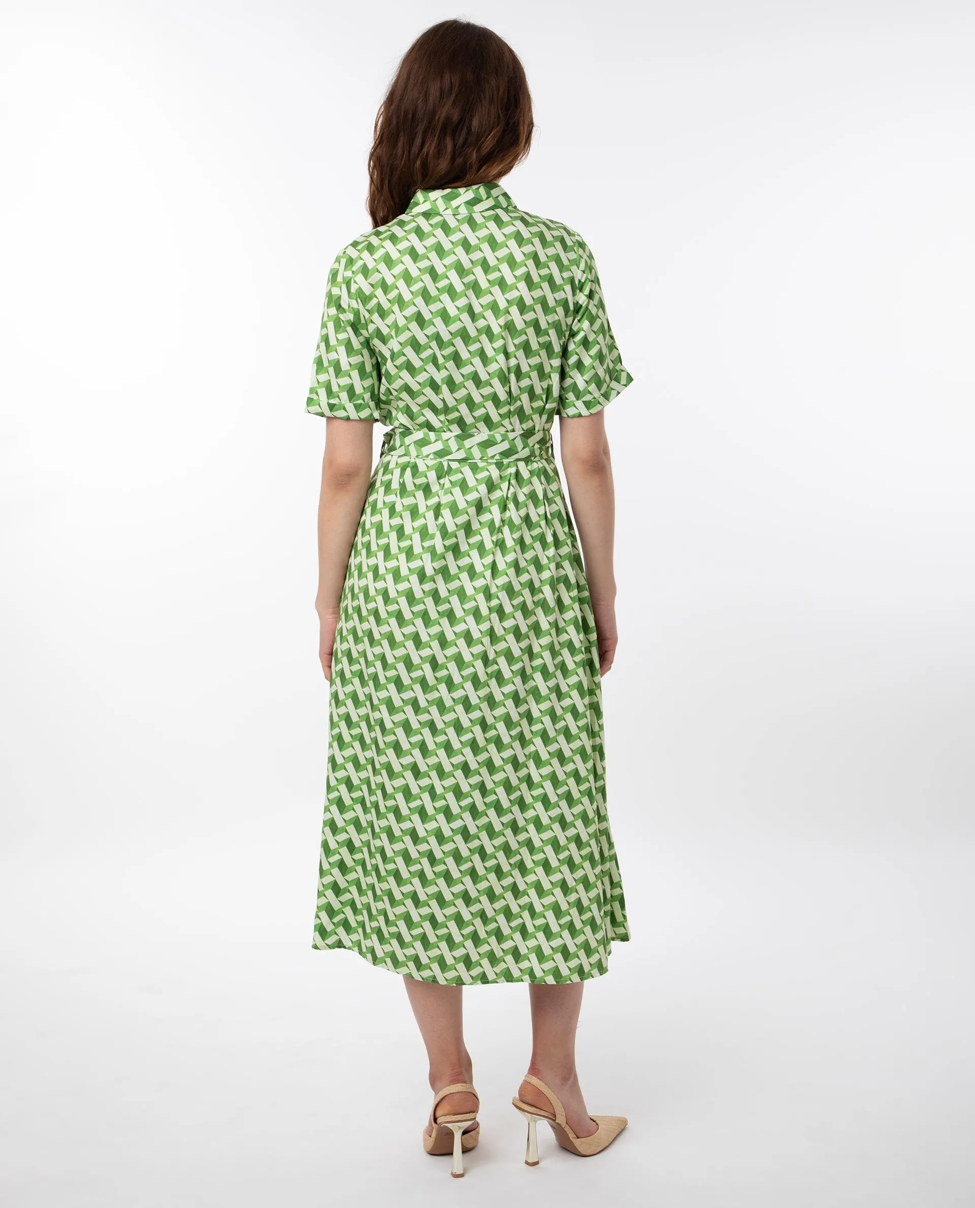 Rareism Women Bunt Green Cotton Fabric Short Sleeves Button Closure Shirt Collar Regular Fit Geometric Print Knee Length Shirt Type Dress