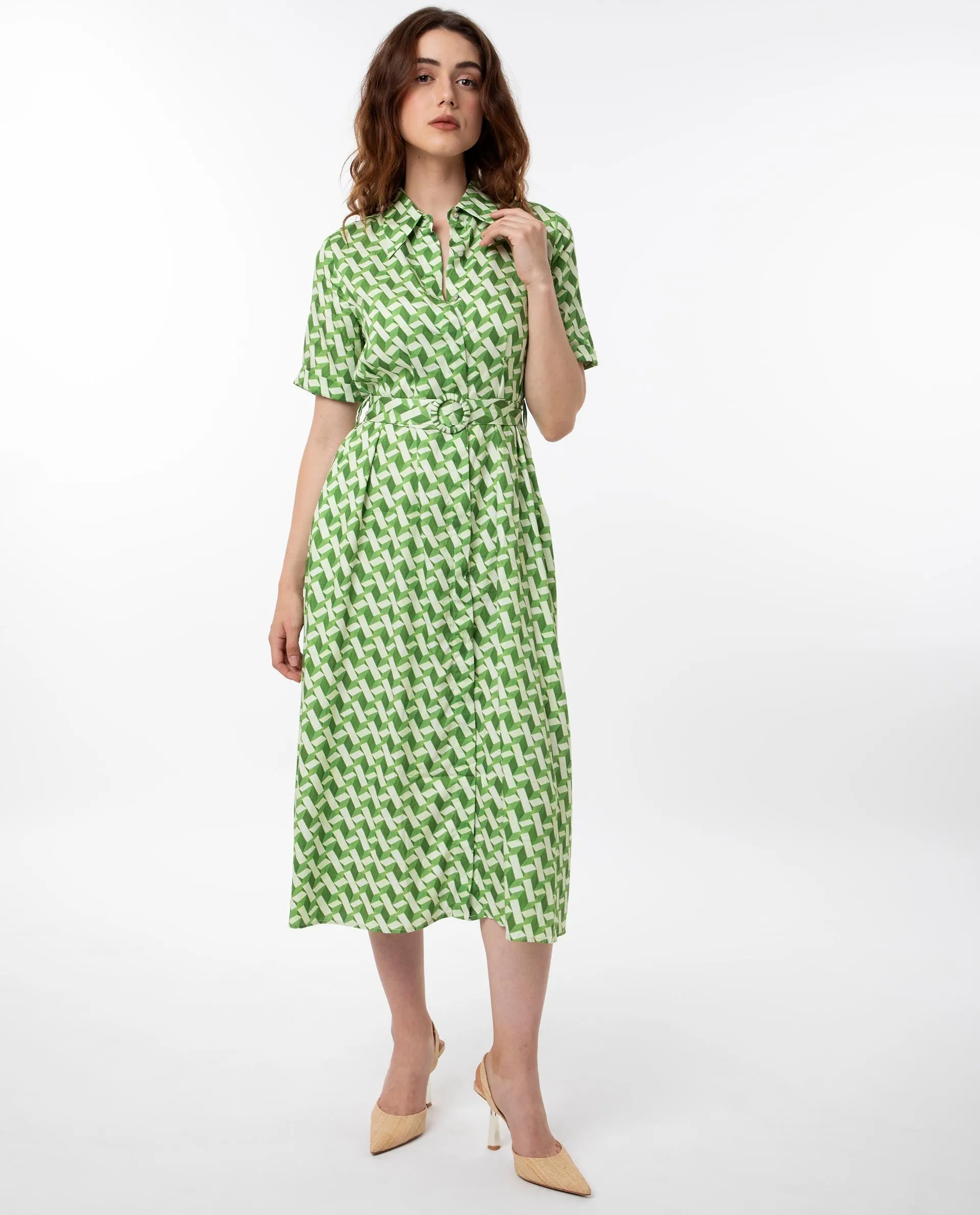 Rareism Women Bunt Green Cotton Fabric Short Sleeves Button Closure Shirt Collar Regular Fit Geometric Print Knee Length Shirt Type Dress