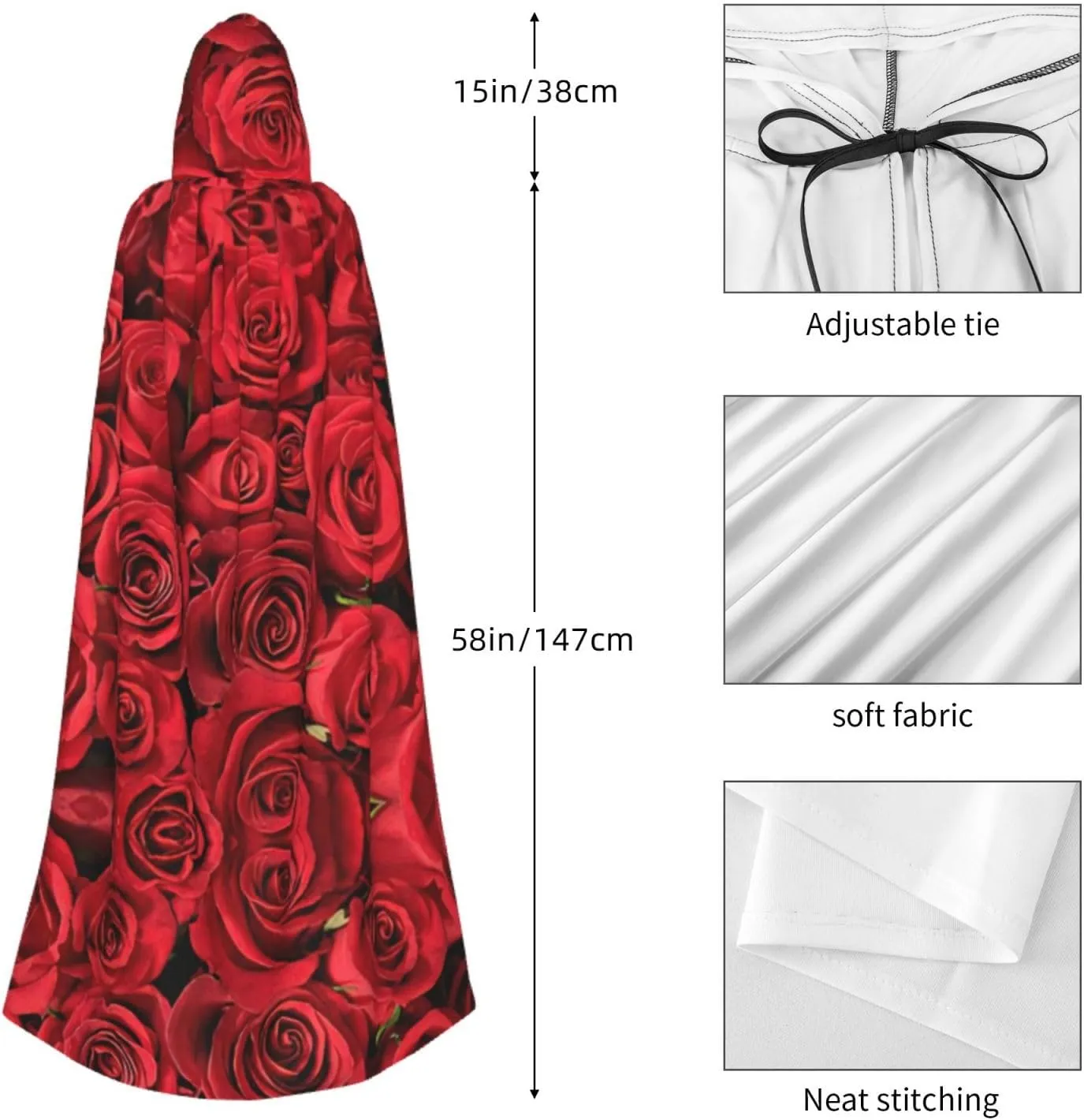 Red Rose Cape Cloak Adults Hooded Cloak For Women Men Halloween Costumes Christmas Cosplay