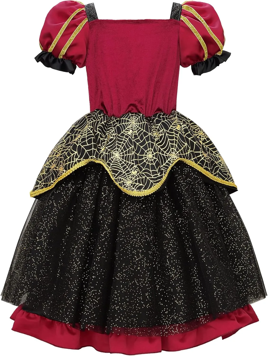 ReliBeauty Black Witch Costume for Girls Halloween Tutu Dress with Hat, Cloak and Wand
