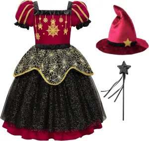 ReliBeauty Black Witch Costume for Girls Halloween Tutu Dress with Hat, Cloak and Wand