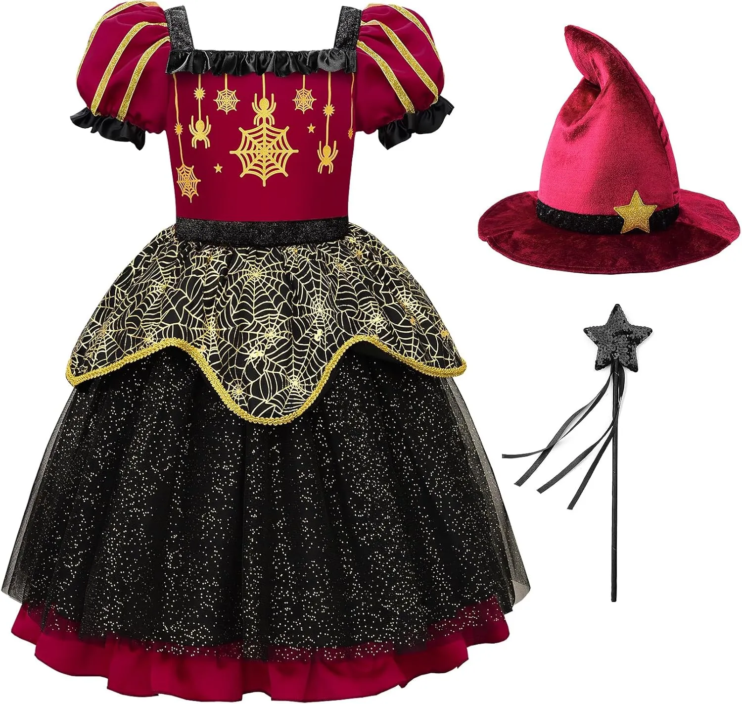 ReliBeauty Black Witch Costume for Girls Halloween Tutu Dress with Hat, Cloak and Wand