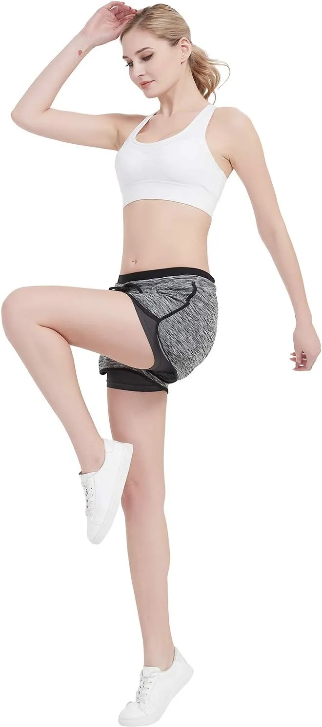 RIBOOM Women Workout Fitness Running Shorts Double Layer Active Yoga Gym Sport Shorts