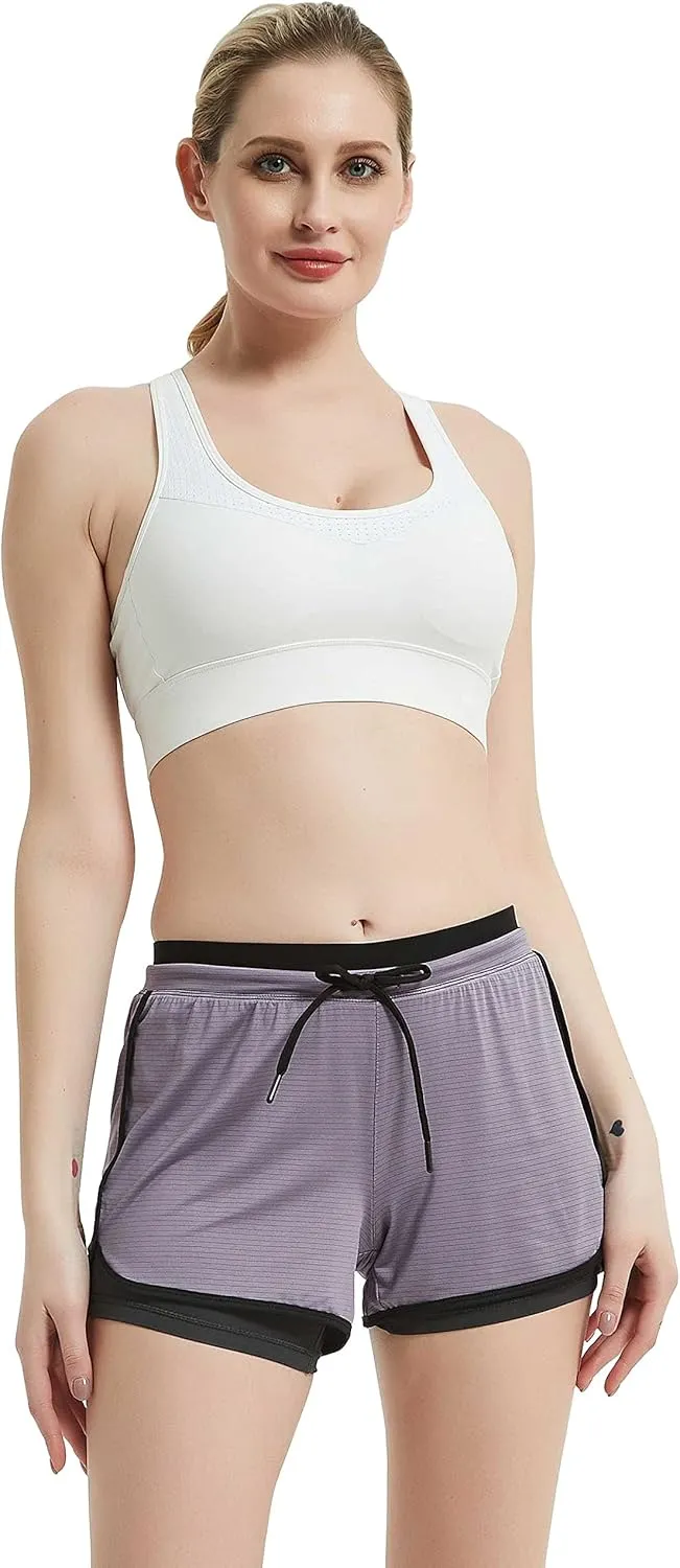 RIBOOM Women Workout Fitness Running Shorts Double Layer Active Yoga Gym Sport Shorts