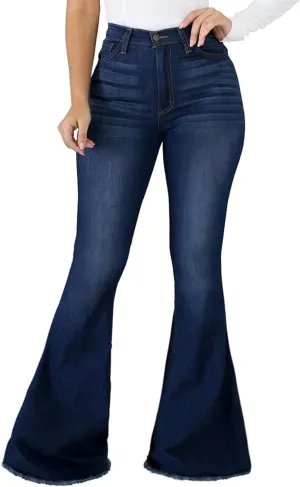 SeNight Women Bell Bottom Jeans Elastic Waist Ripped Flared Jean Destroyed Raw Hem Denim Pants