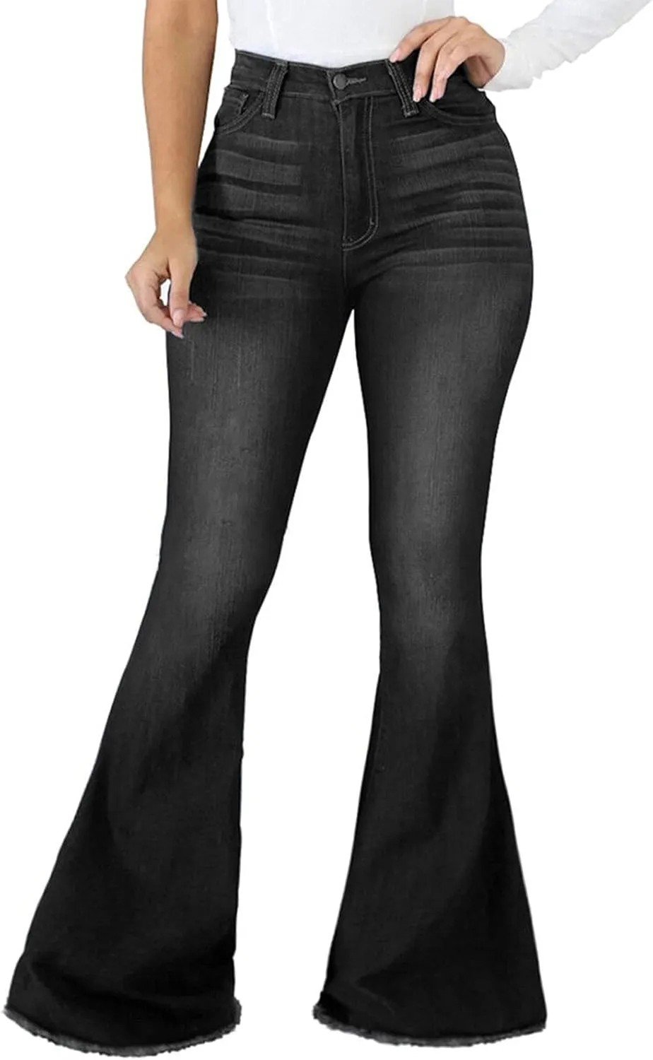 SeNight Women Bell Bottom Jeans Elastic Waist Ripped Flared Jean Destroyed Raw Hem Denim Pants
