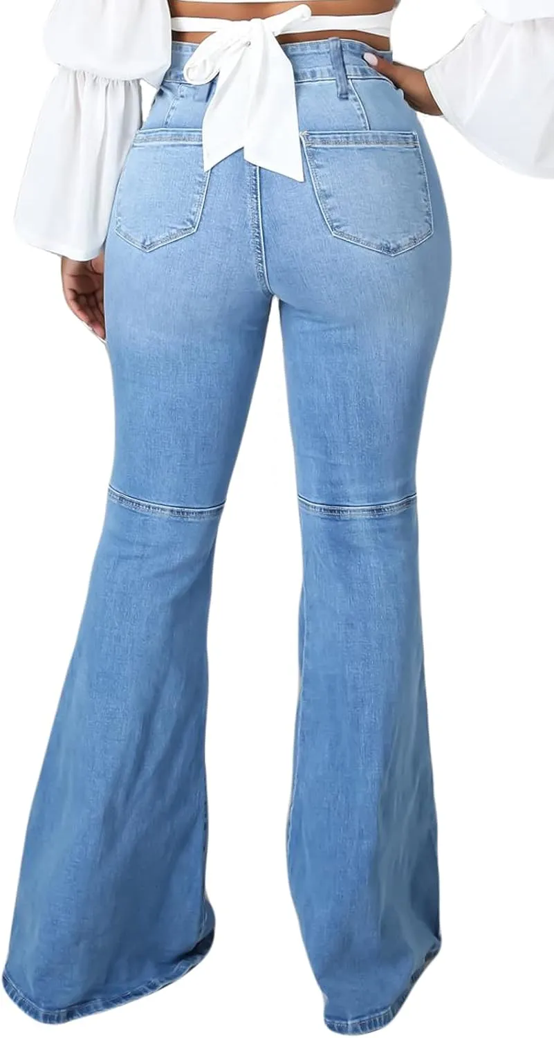 SeNight Women Bell Bottom Jeans Elastic Waist Ripped Flared Jean Destroyed Raw Hem Denim Pants