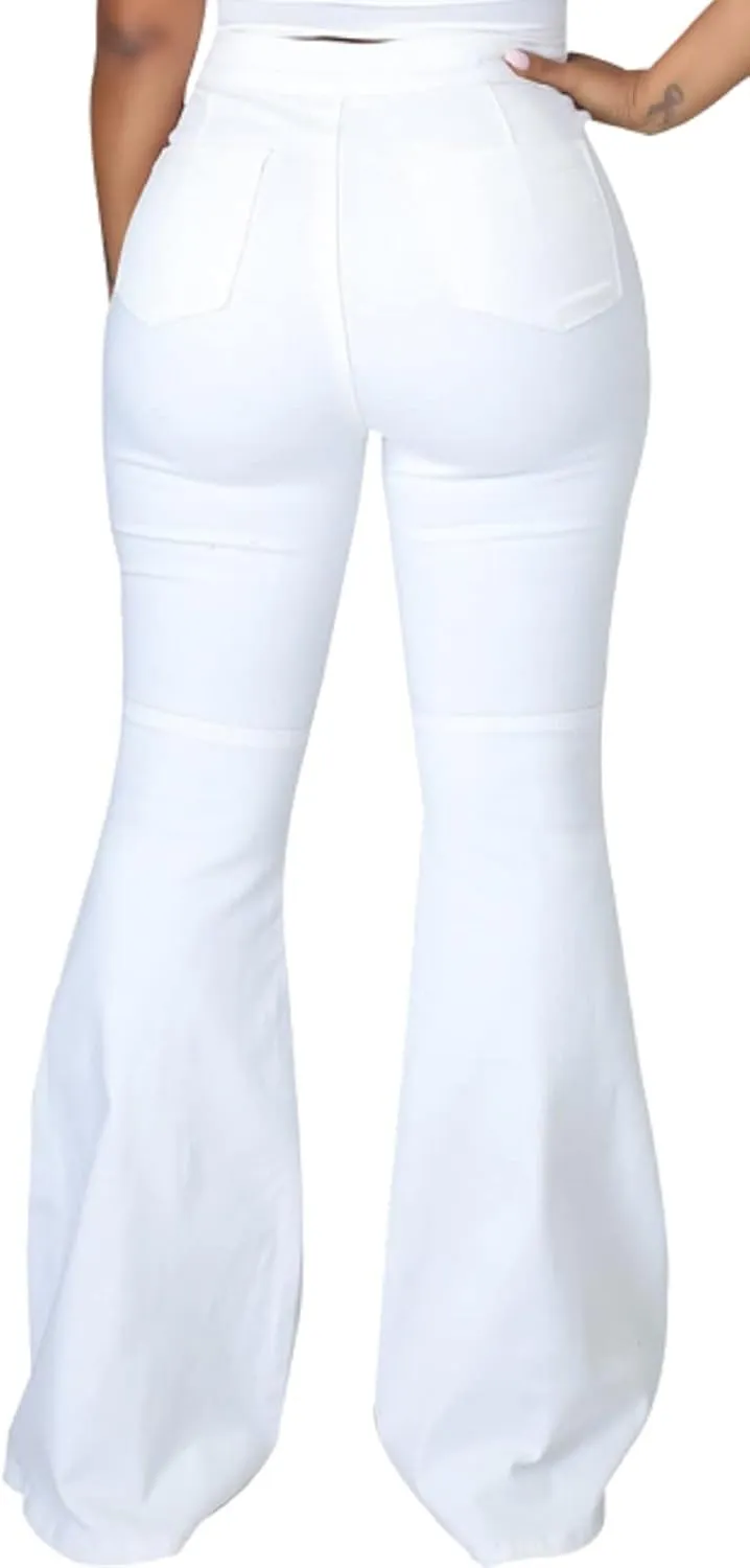 SeNight Women Bell Bottom Jeans Elastic Waist Ripped Flared Jean Destroyed Raw Hem Denim Pants